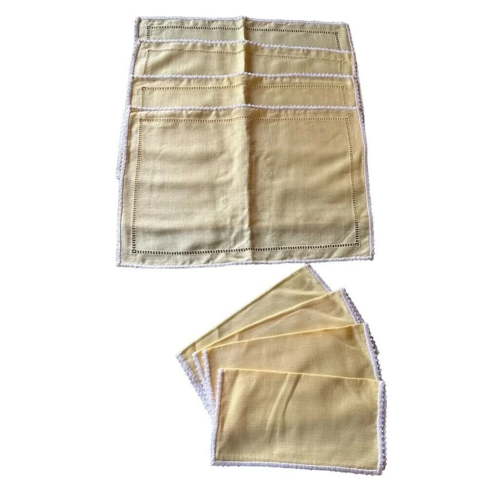 Handcrafted Yellow Linen Napkin and Placemat set White Crochet Edging - Set of 4